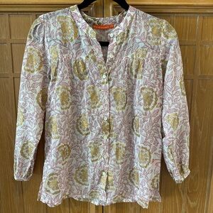 Oliphant Floral Button Front Blouse Pink & Gold Sz XS